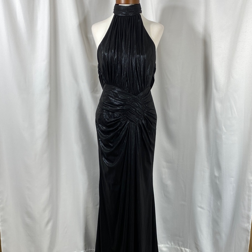 NWT Ieena for Mac Duggal Black Lamé Draped Halter Neck Dress 56237 Size XS